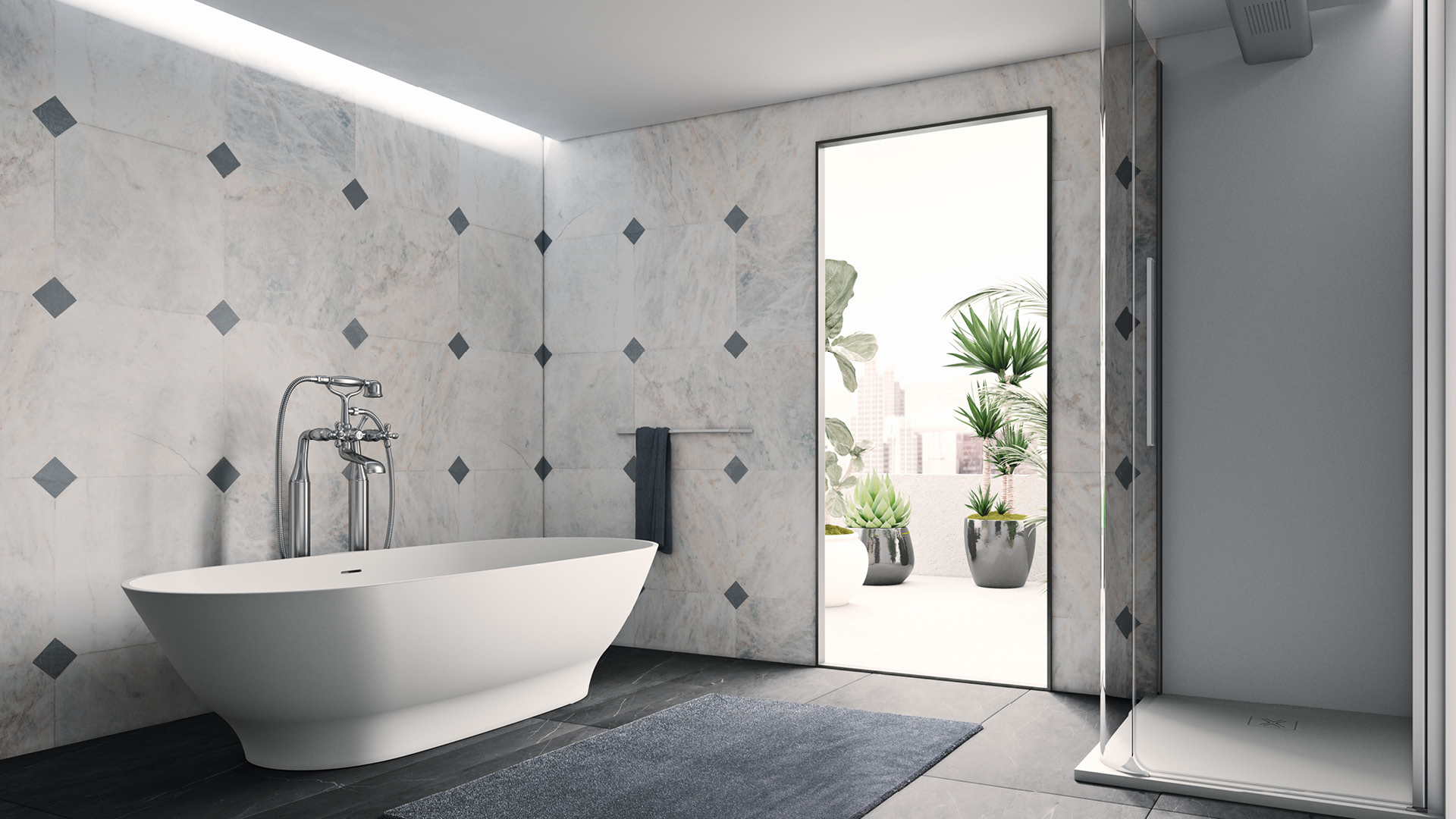 LOBELIA_slide1 Lobelia vasca da bagno di grandi dimensioni di colore bianco posizionata freestanding all'interno del bagno
