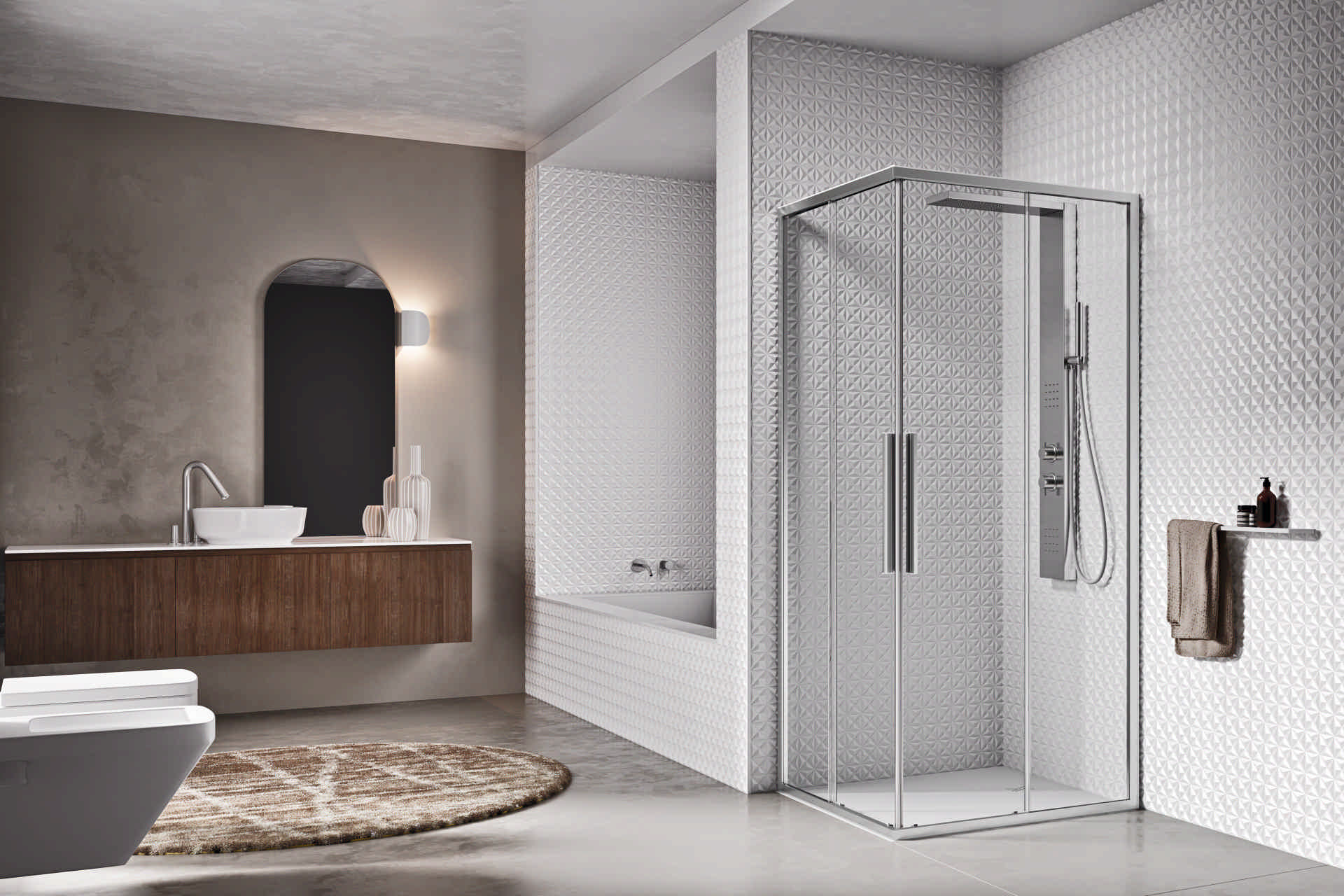 Box doccia elegante ad angolo con porte scorrevoli e profili color alluminio brillantato