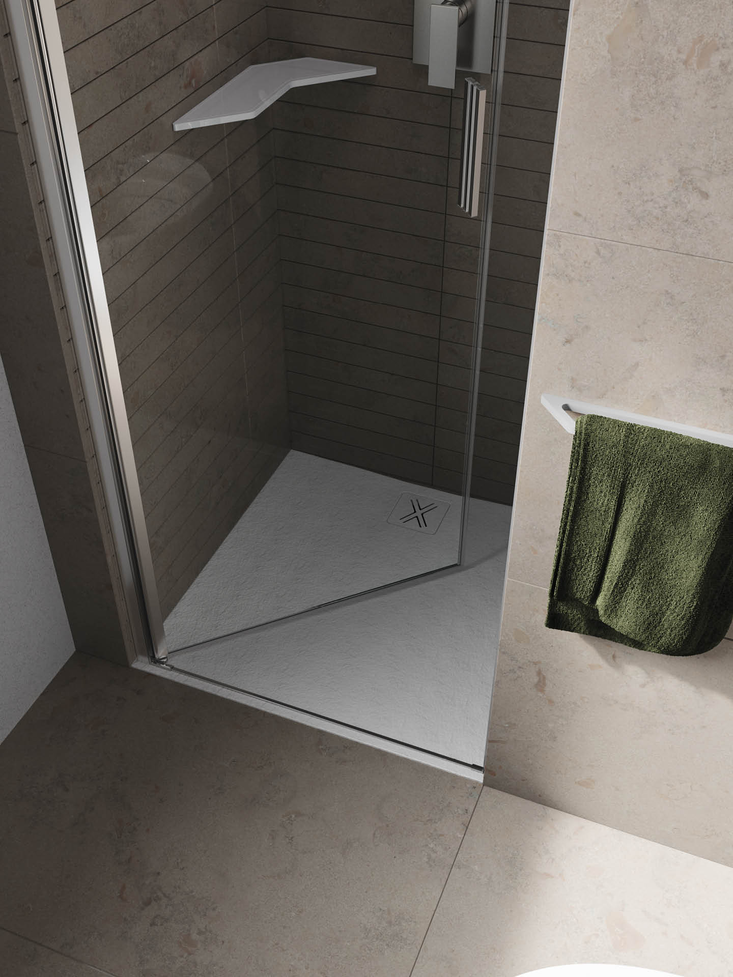 cabina doccia con anta battente che apre internamente in nicchia minimal senza profili