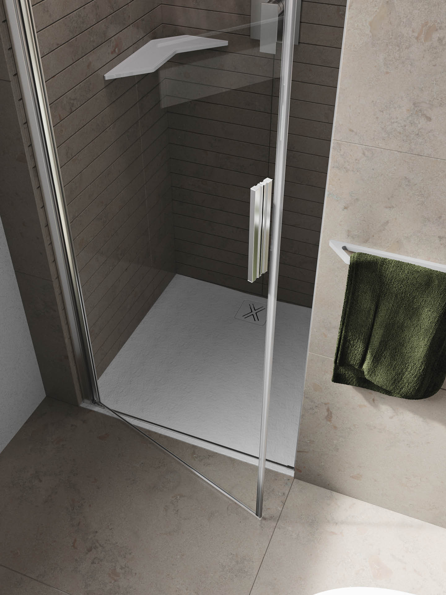 cabina doccia con anta battente che apre esternamente in nicchia minimal senza profili