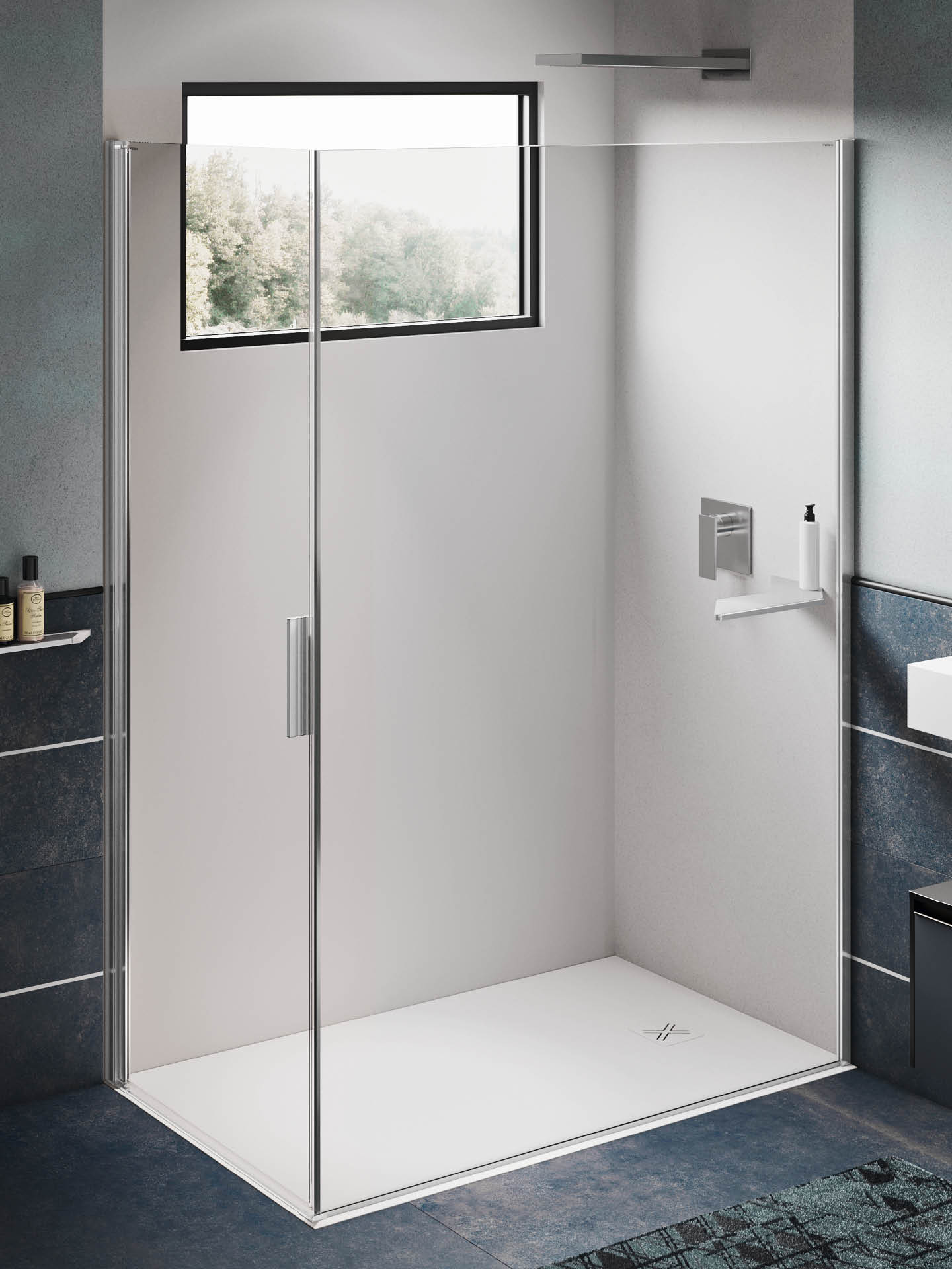 cabina doccia con vetro fisso e porta sorretta da mensola oblique mv