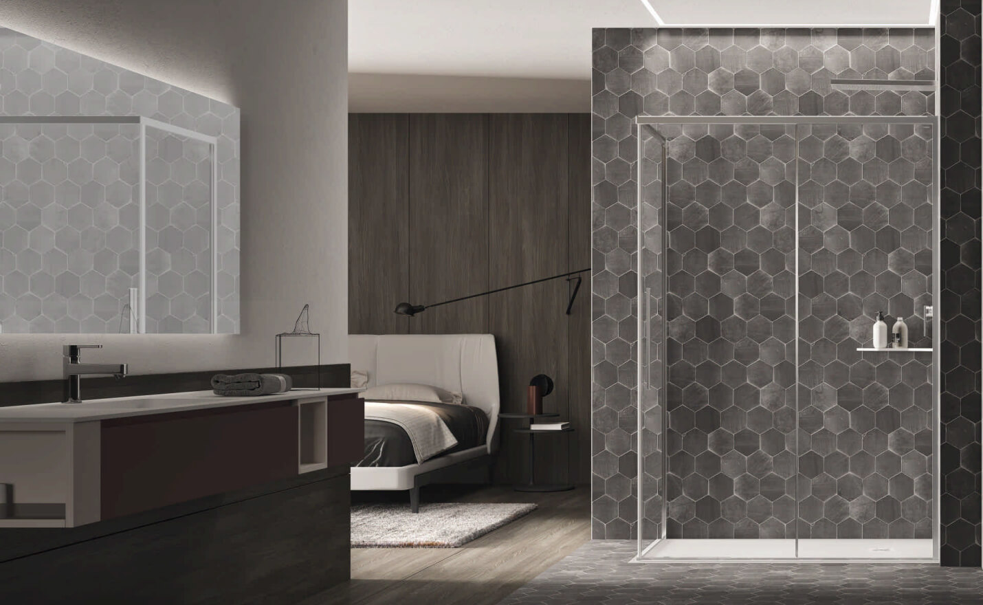Cabina doccia industriale con profili minimal color alluminio brillantato e vetro trasparente. Situata all'interno della camera da letto