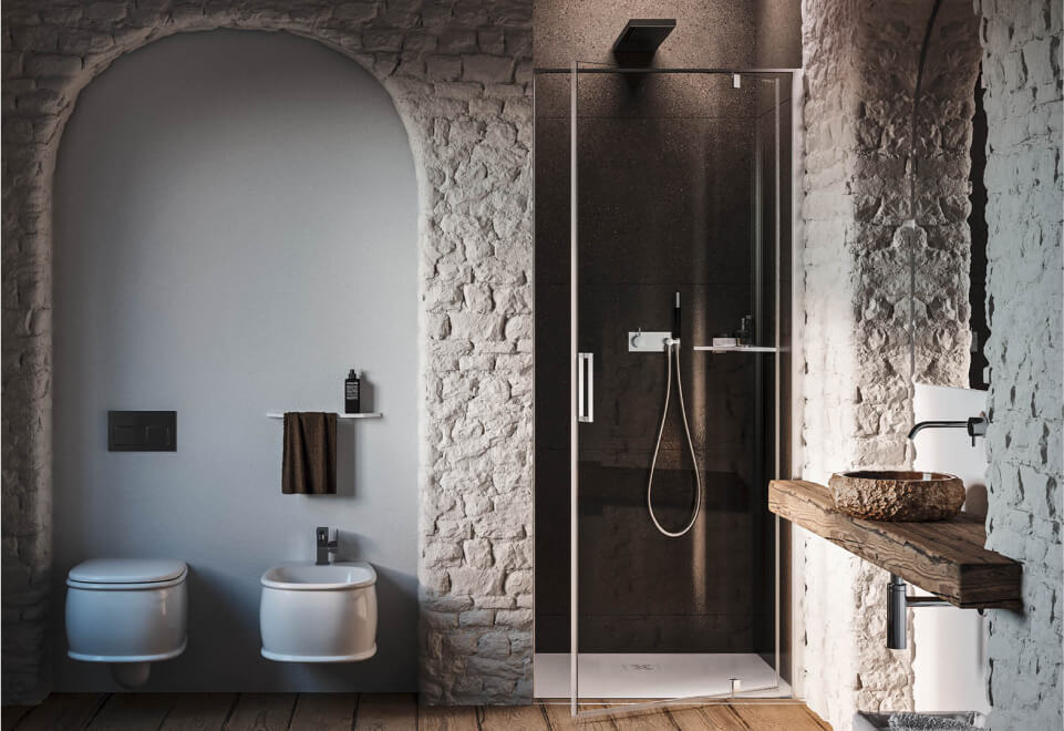 Duschabtrennung im Badezimmer im rustikalen Stil, in einer Nische, mit minimalen Profilen