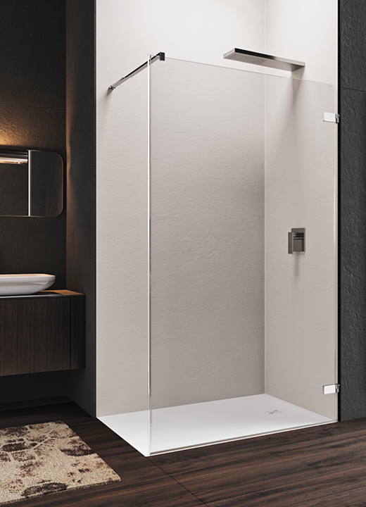 Box doccia walk-in ad angolo con cerniere personalizzabili e barra di sostegno