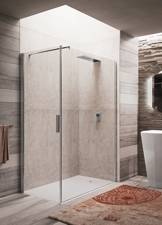Corner shower enclosure with stabilizer bar and hinged door