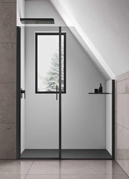 Wall PL custom-made under-roof shower enclosure with shaped glass and Oblique shelf