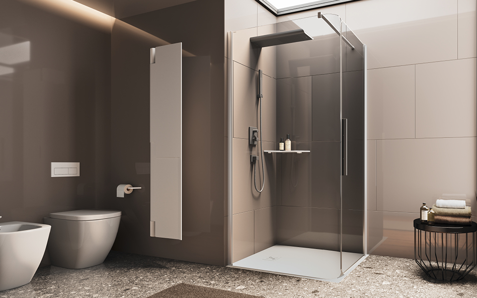 Bobox corner shower enclosure with clear glass and AB door