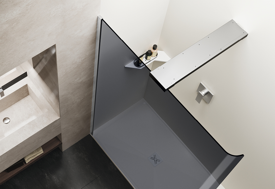Top view of Bobox A, a walk-in shower enclosure with curved glass