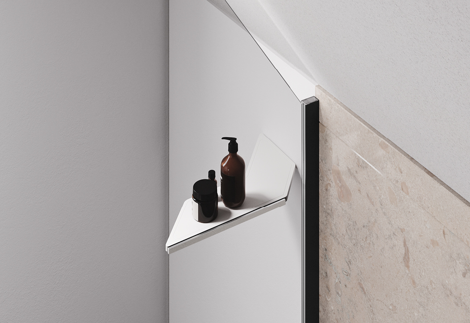 Oblique shelf supports a shaped glass attic