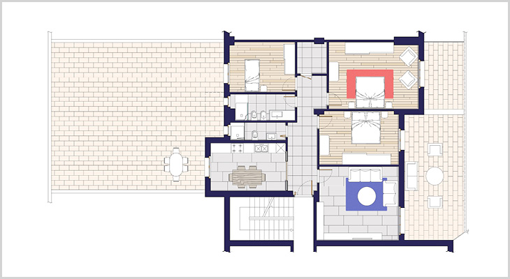 Caso studio pianta di un appartamento con ampio terrazzo e box doccia relax