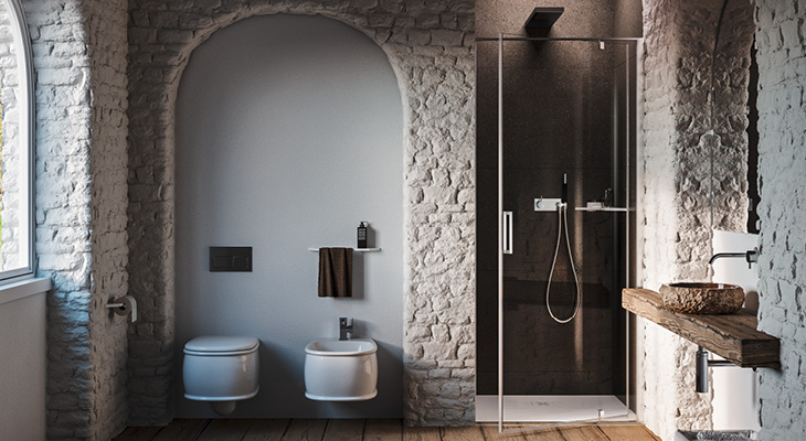Cabine de douche au design minimaliste Kubik avec verre transparent et profilés polis dans la niche