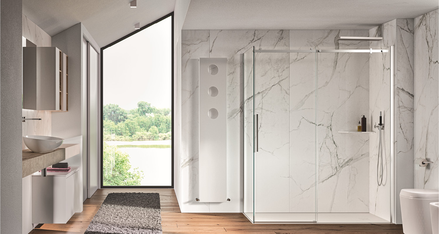 Axia ideal shower enclosure with polished profiles and corner sliding door
