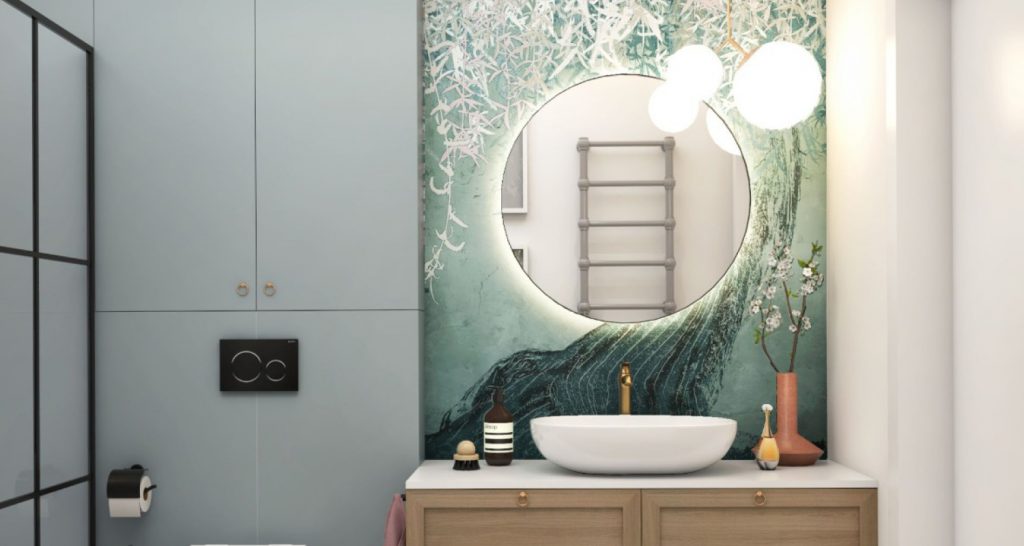 Half bathroom with wallpaper