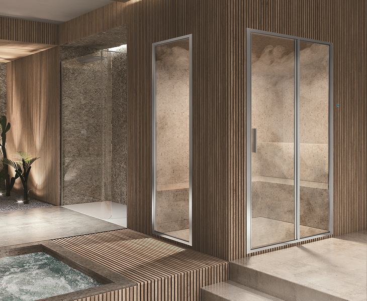 cabina doccia per bagno turco steam all'interno di una nicchia con vapore