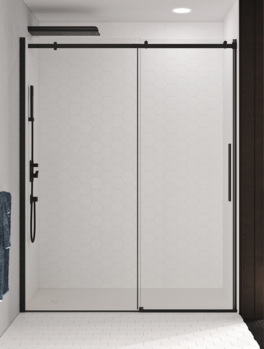 black shower enclosure with sliding door in niche with black visible sliding system