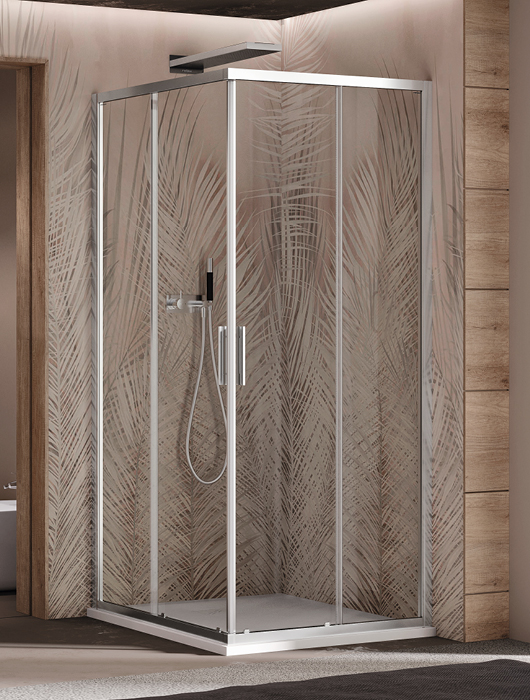 corner shower enclosure with pre-assembled double sliding door