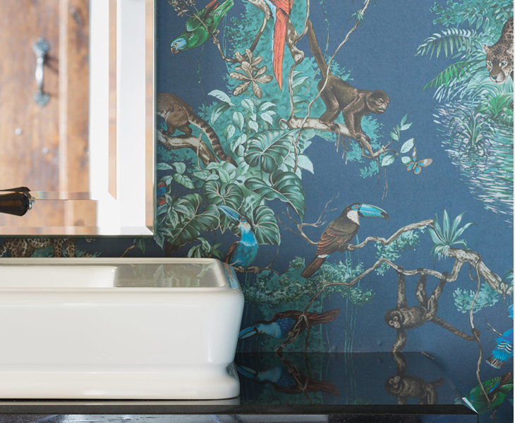 Bathroom with Jungle wallpaper, sink detail
